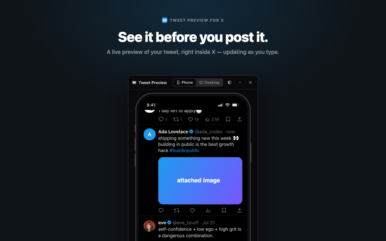 Tweet Preview showing a live phone-frame preview of a tweet beside X's composer